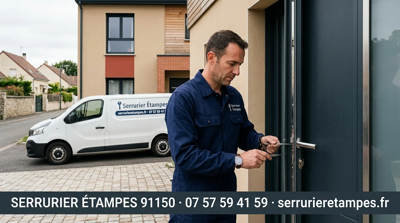 Serrurier Étampes 91150 en intervention avec bannière coordonnées